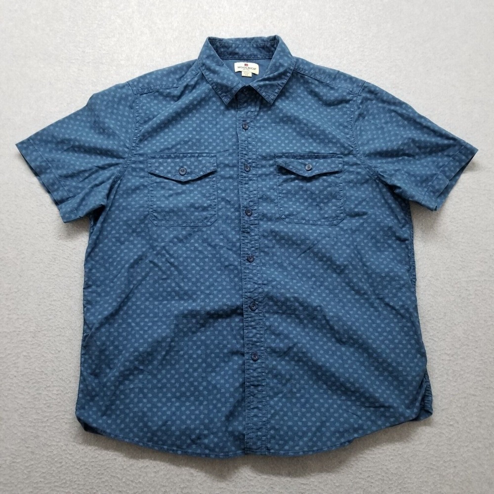 Woolrich Shirt Mens Large Blue Button Up Short Sleeve Pockets Cotton